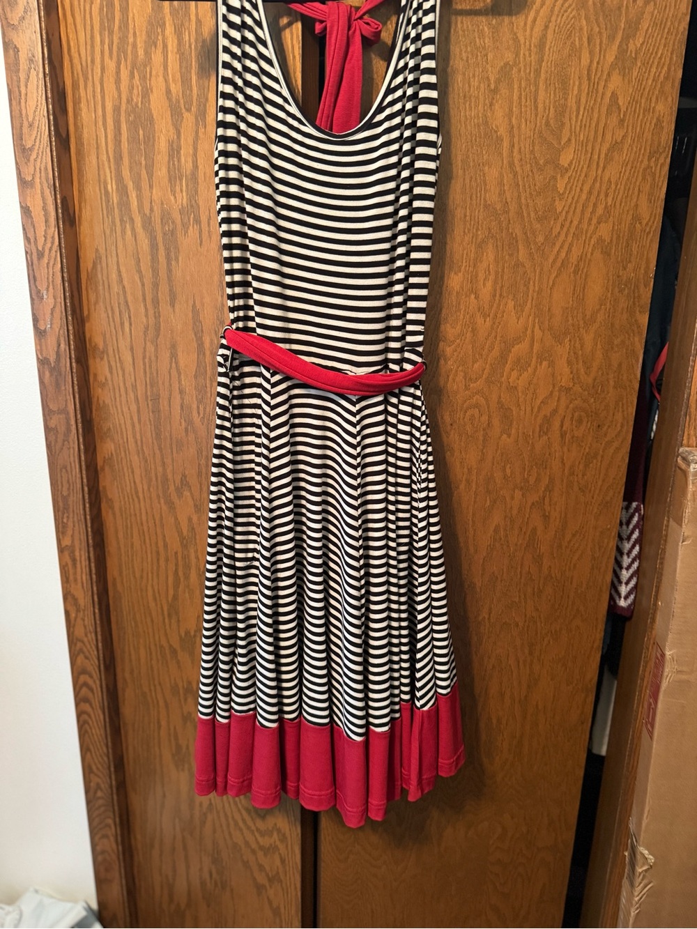 Effie's Heart Black & White Striped Midi Dress with Red Trim